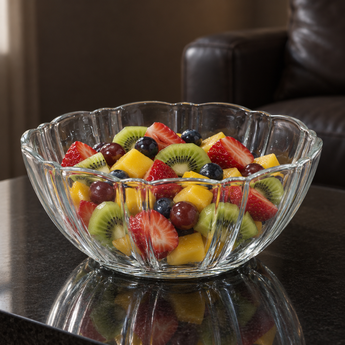 Fluted glass bowl with fruit salad on a black table