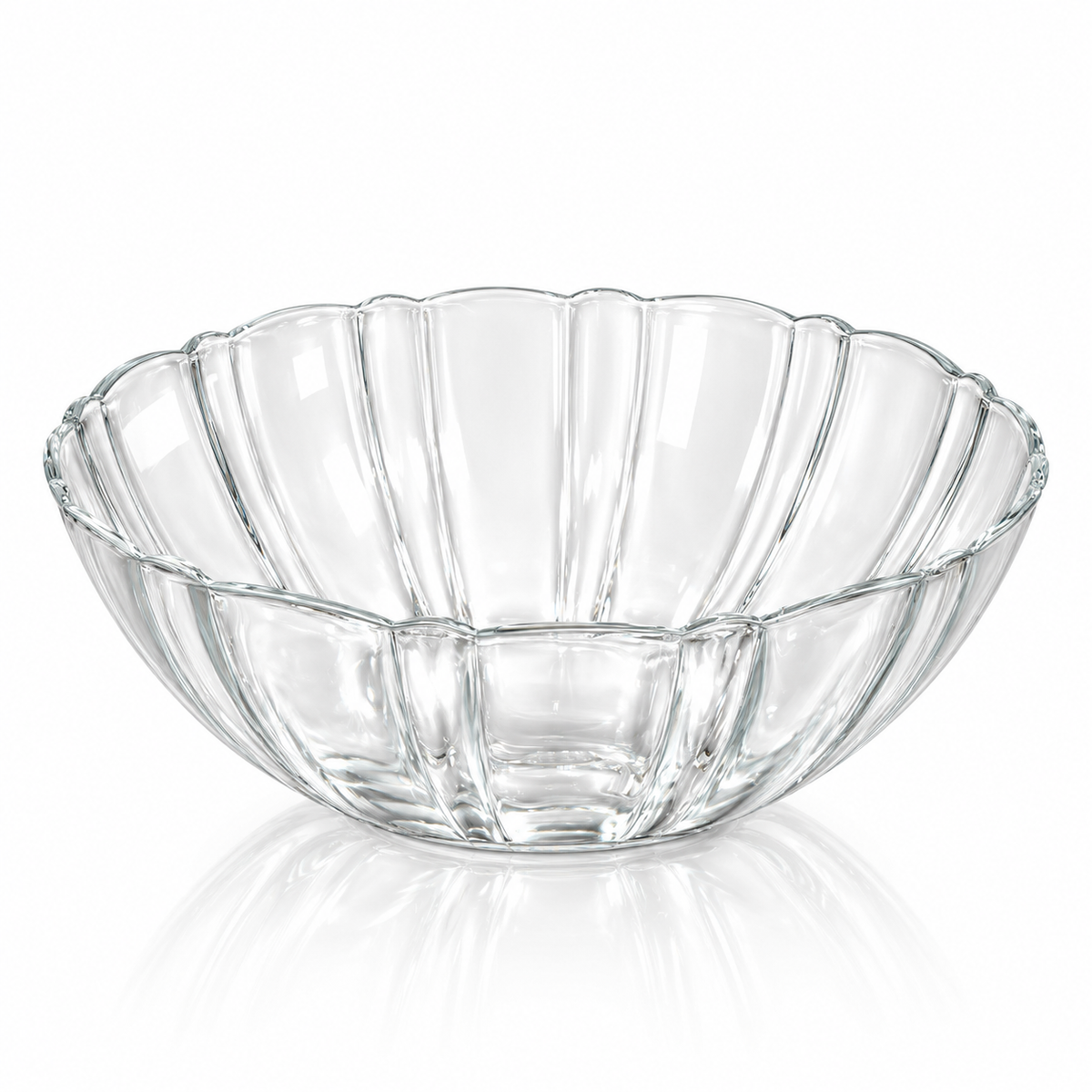 Fluted clear glass serving bowl with scalloped rim on white
