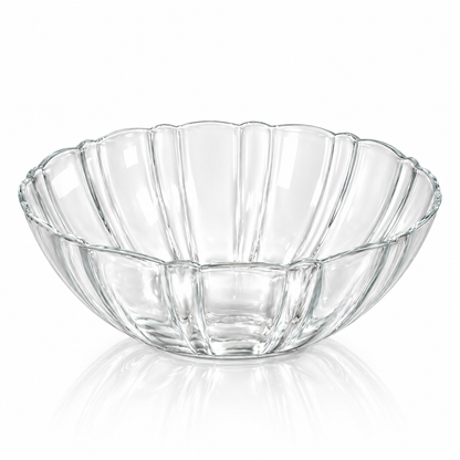 Fluted clear glass serving bowl with scalloped rim on white