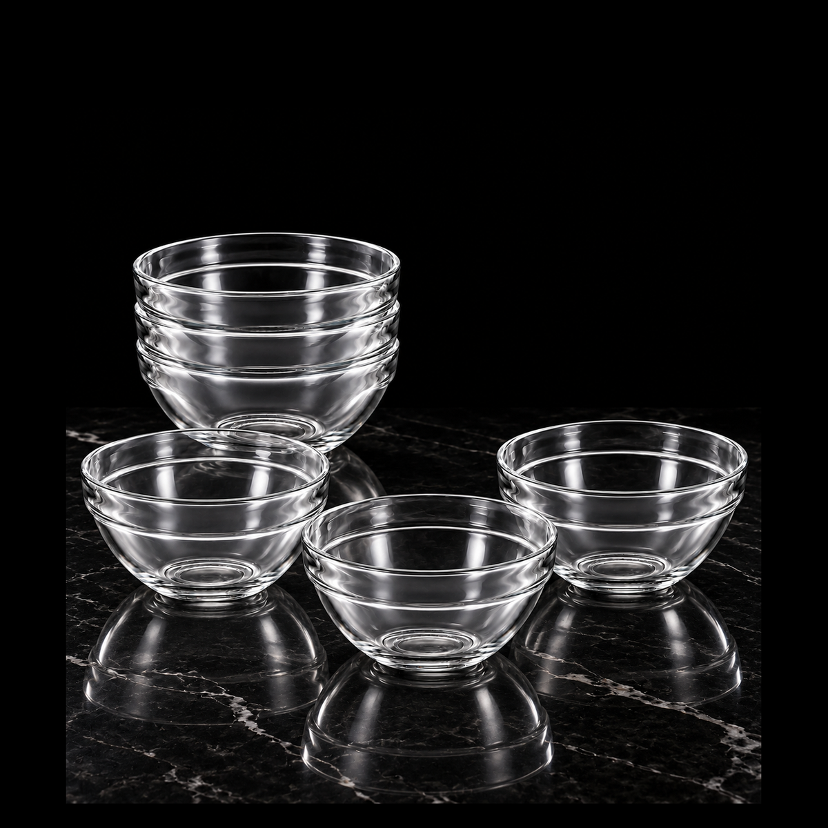 Clear glass bowls set of 6 on black marble