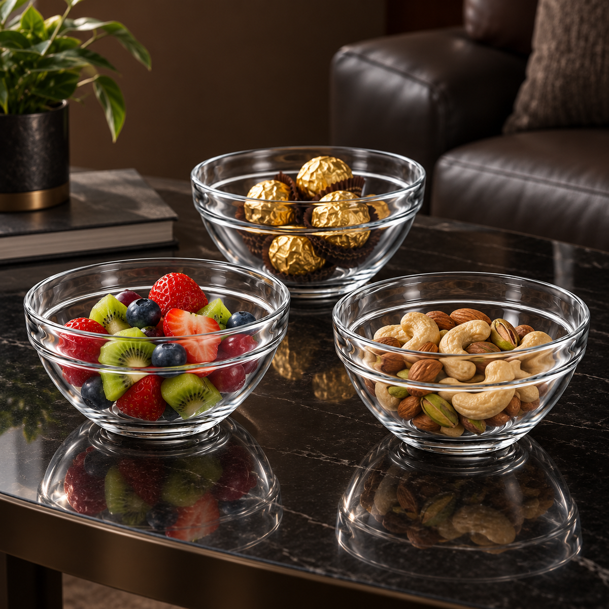 Clear glass bowls with fruit, nuts and chocolates on a black table