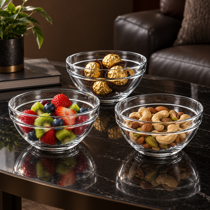 Clear glass bowls with fruit, nuts and chocolates on a black table