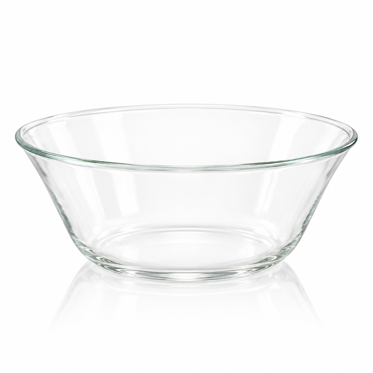 Large plain clear glass all-purpose bowl on white