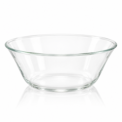 Large plain clear glass all-purpose bowl on white