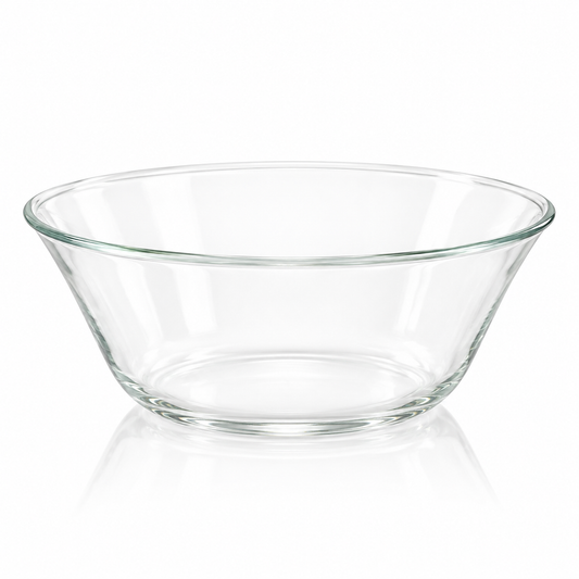 Large plain clear glass all-purpose bowl on white