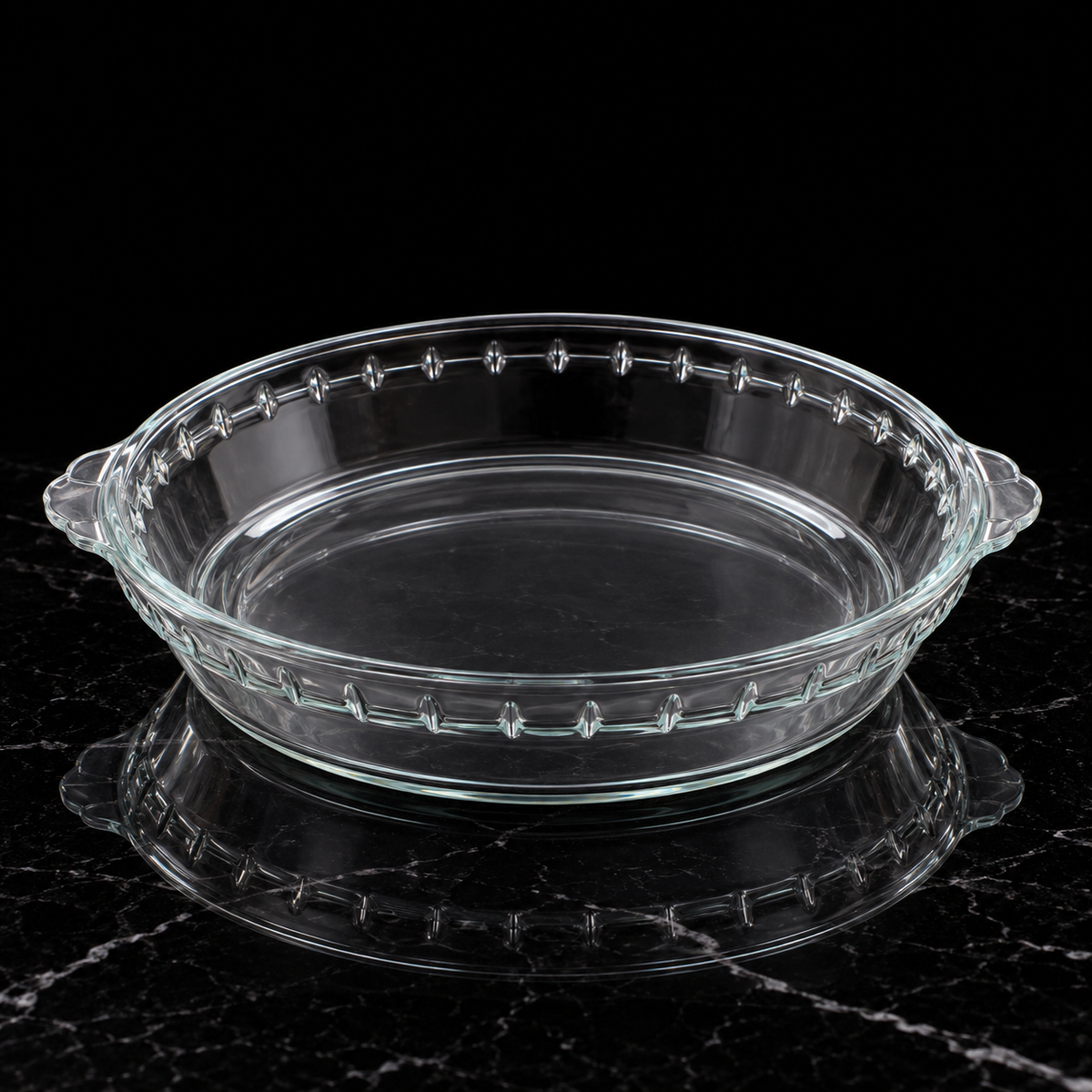 B-809 glass pie dish on black marble