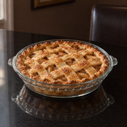 B-809 glass pie dish with baked apple pie