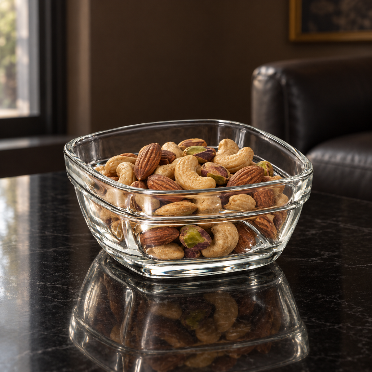 B-859 glass mini bowl with mixed nuts in a living room