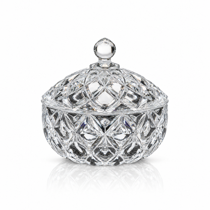 B-904 diamond-cut crystal candy bowl with lid on white