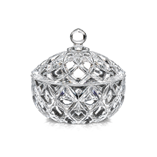 B-904 diamond-cut crystal candy bowl with lid on white