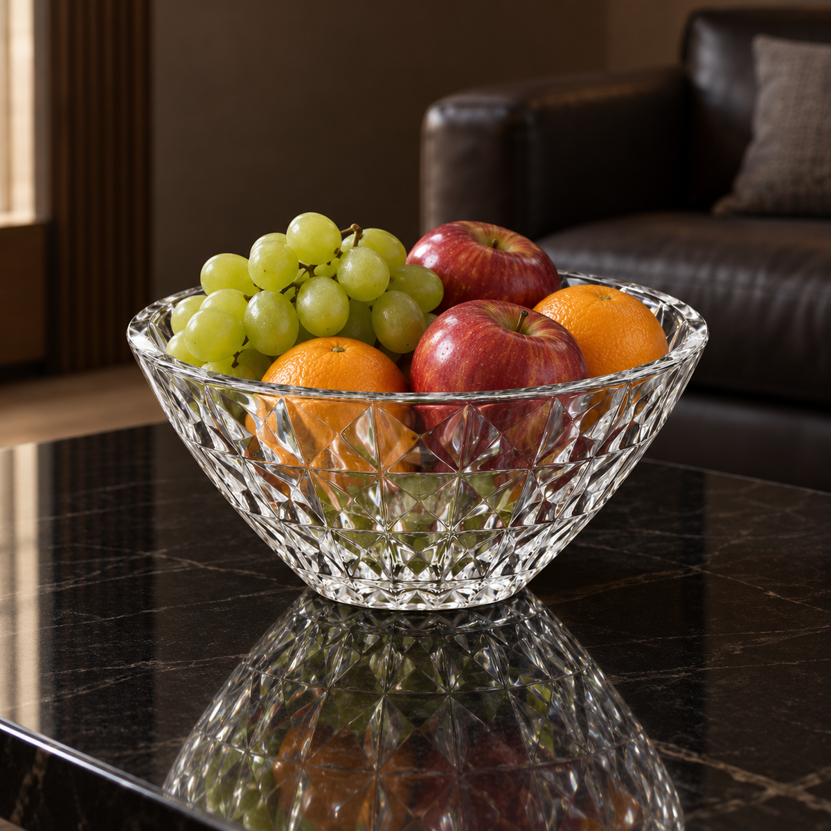 B-905 crystal fruit bowl with fresh fruit in a living room setting