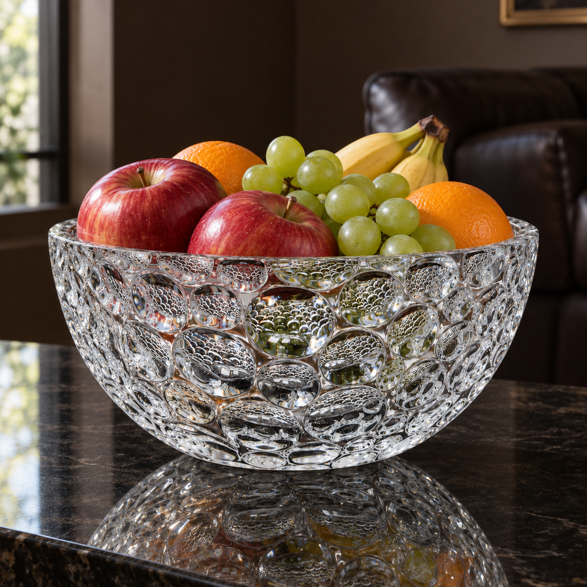 B-910 crystal bowl with fresh fruit in a living room