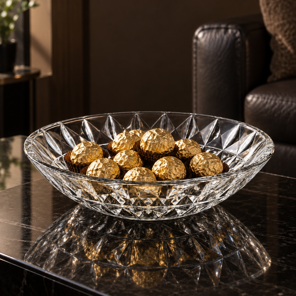 B-916 crystal bowl with chocolates in a living room