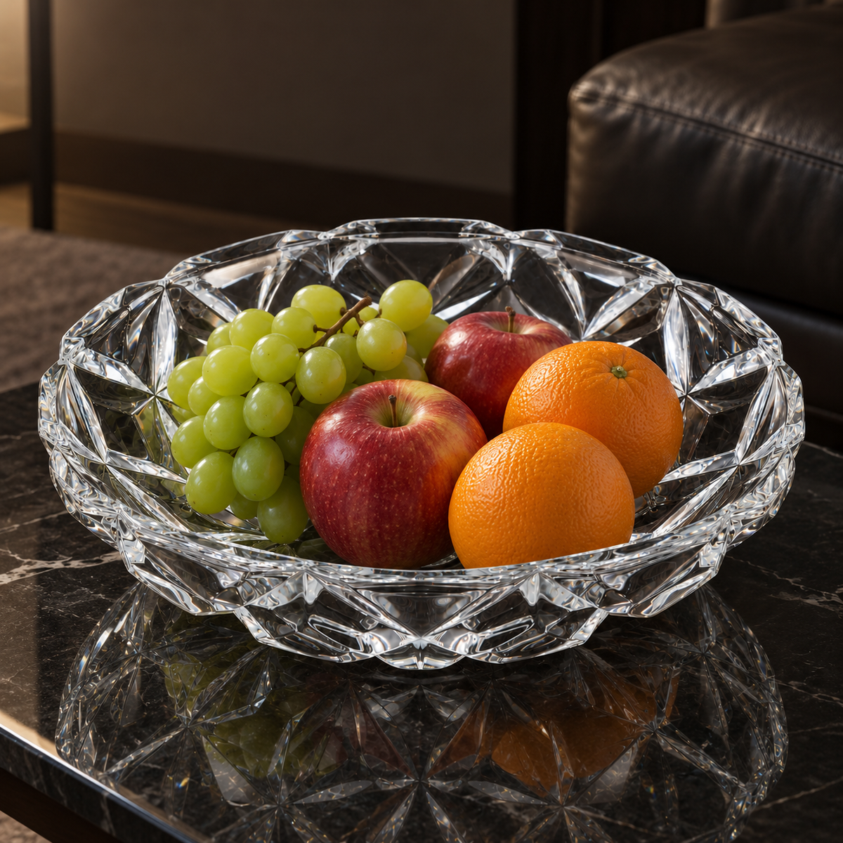 B-934 crystal fruit bowl with fresh fruit in a living room setting