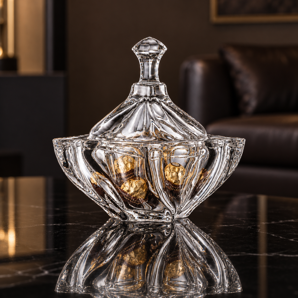B-935/1 crystal candy bowl with chocolates in a living room setting
