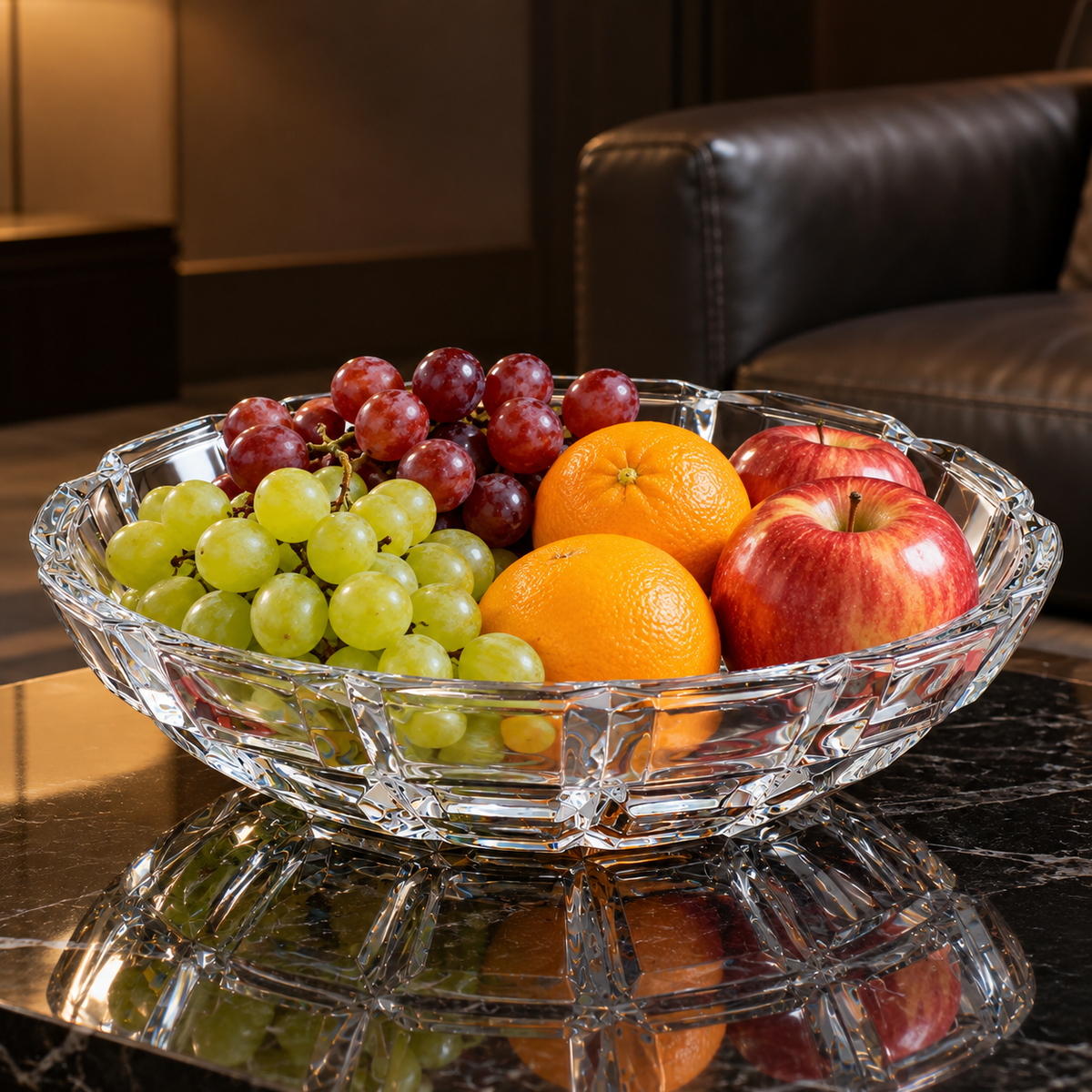 Crystal paneled fruit bowl in a living room