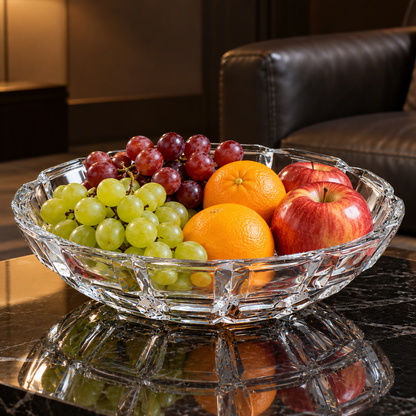 Crystal paneled fruit bowl in a living room