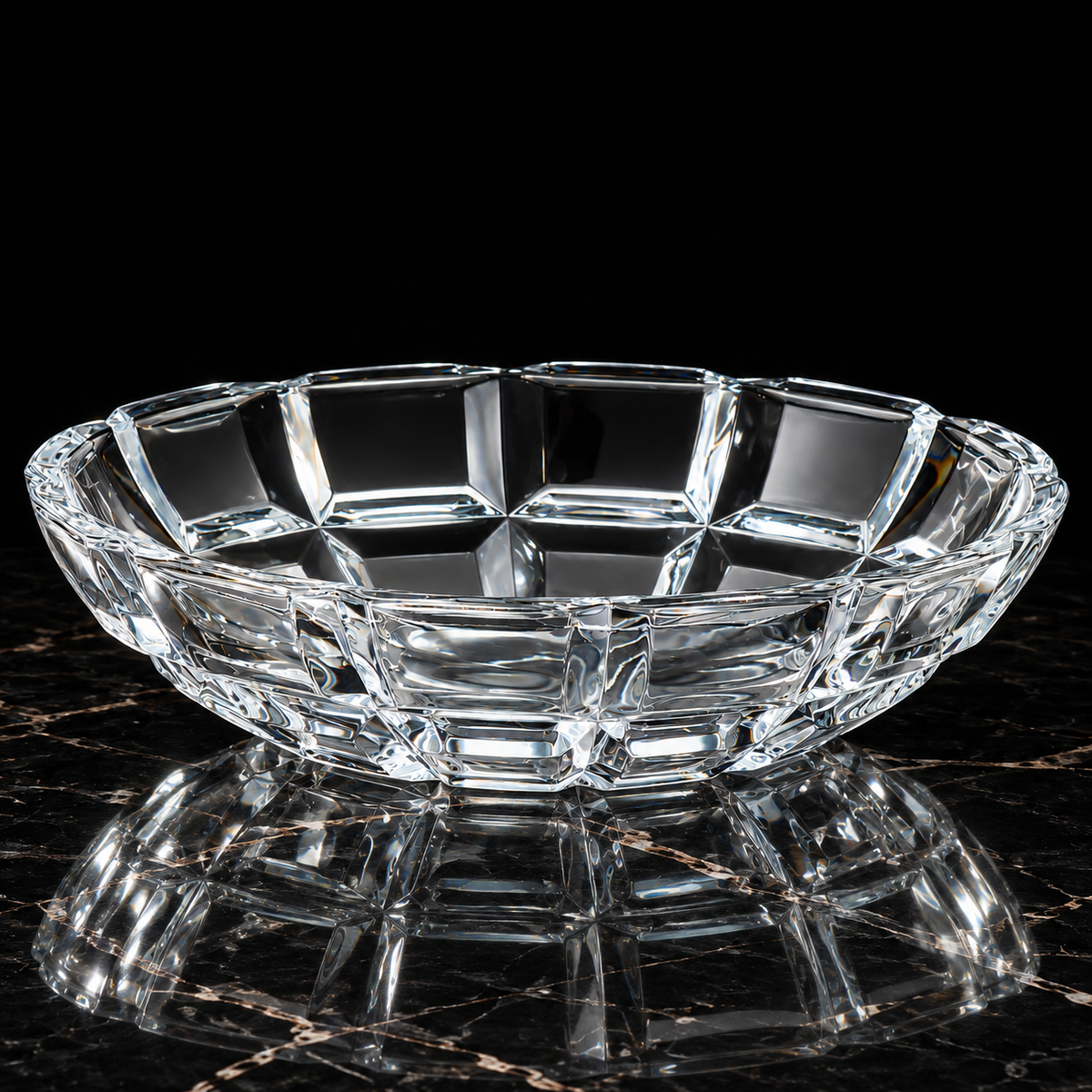 Crystal paneled fruit bowl on black marble