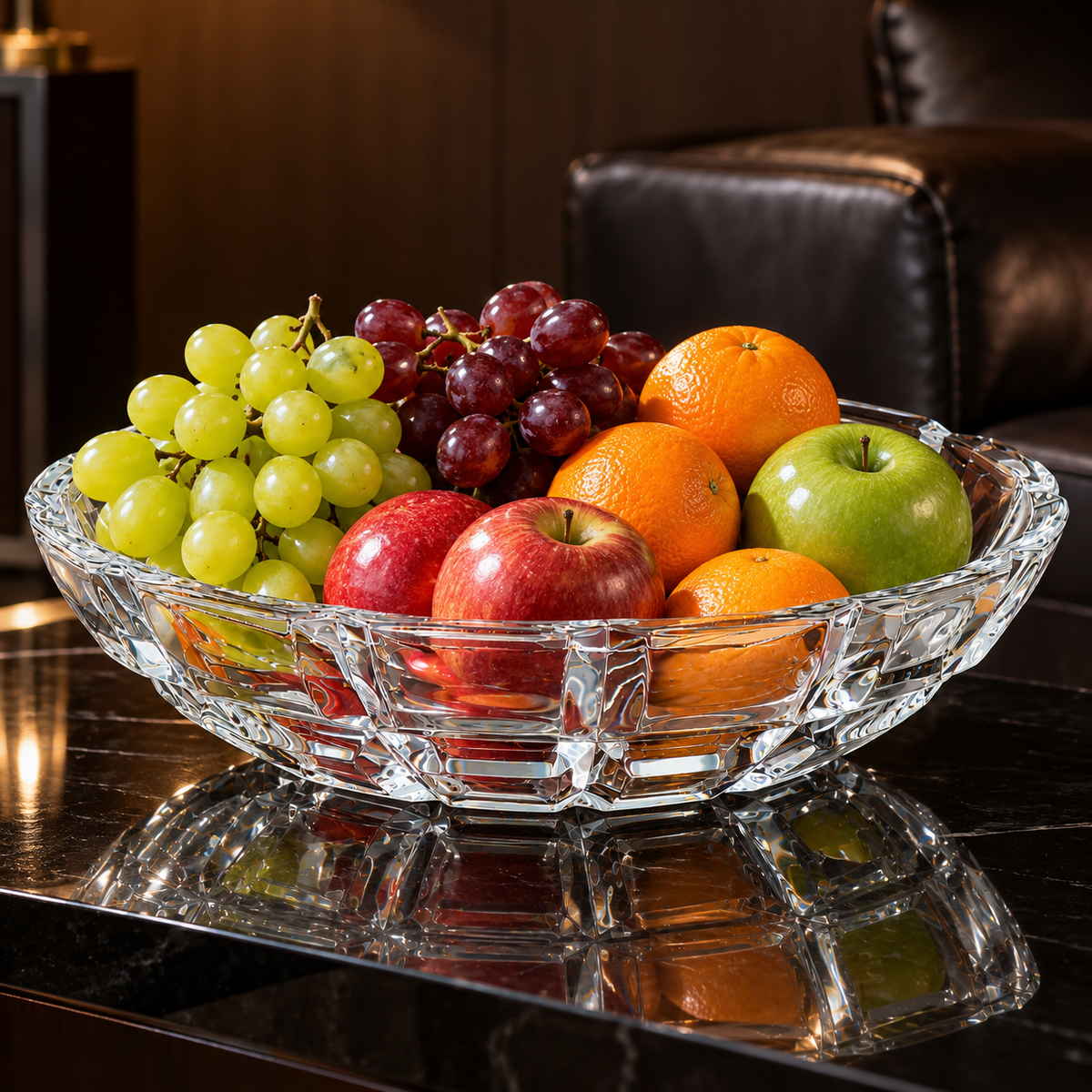 Crystal paneled fruit bowl in a living room