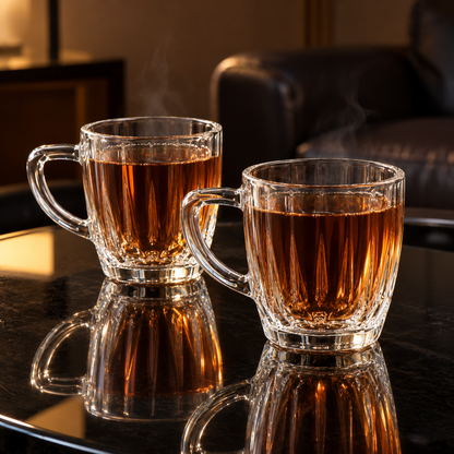 Glass tea cup with handle in a living room