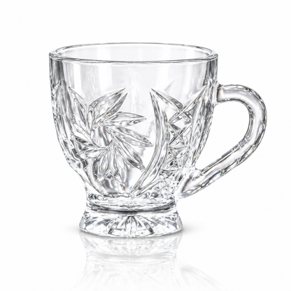 Set of 6 leaf-cut glass tea cups with handles on white marble