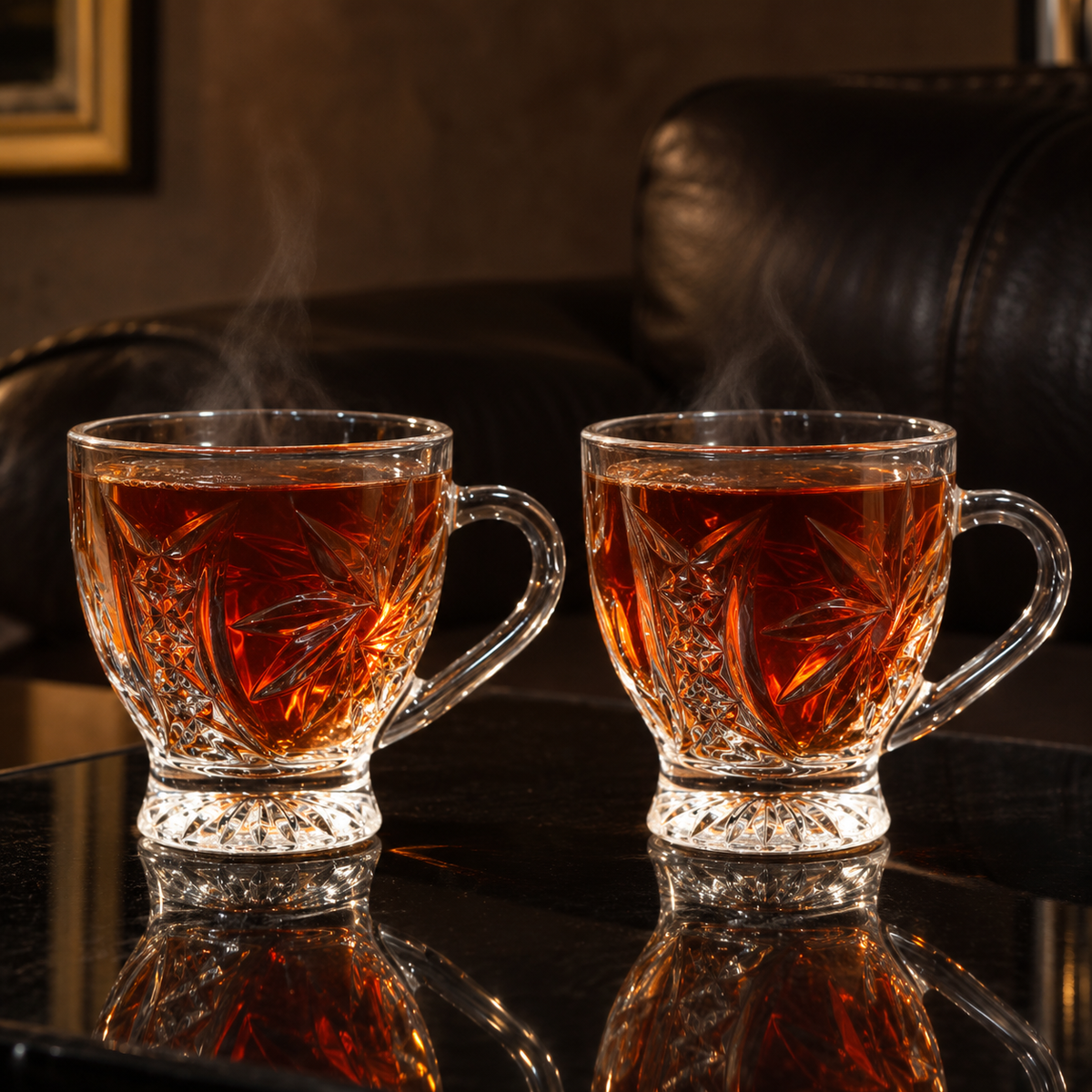 Two glass tea cups with hot tea in a living room