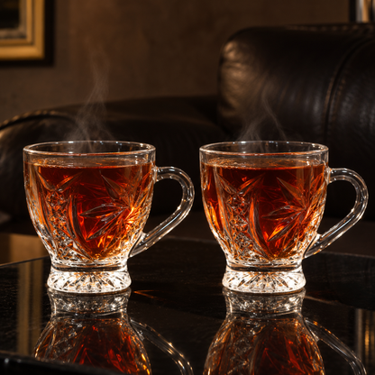 Two glass tea cups with hot tea in a living room