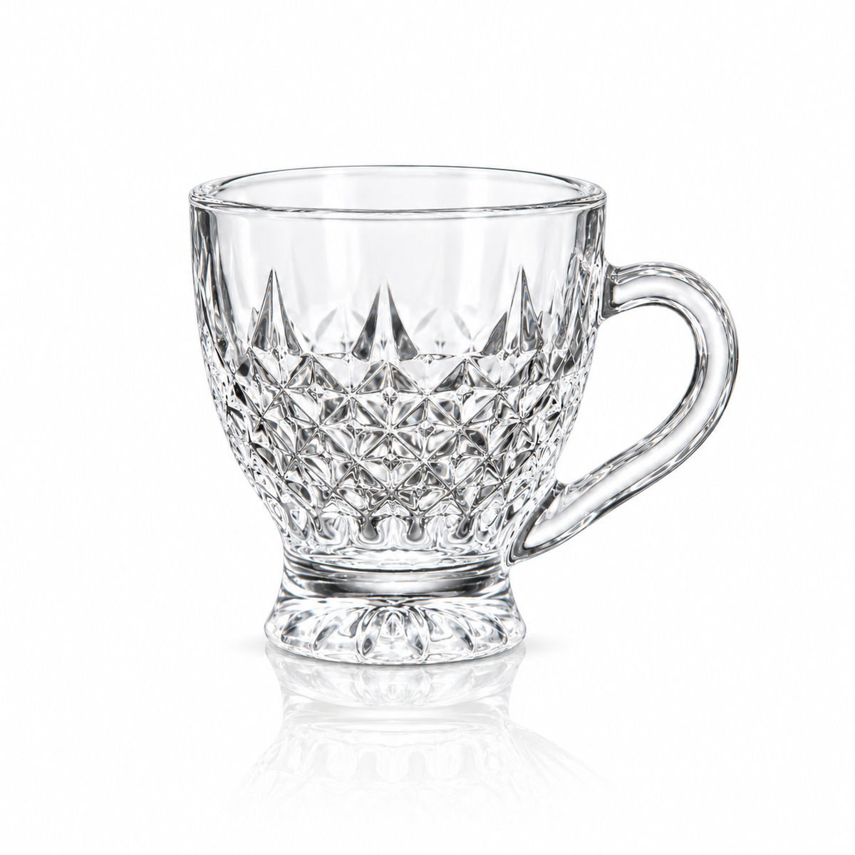 Set of 6 diamond-cut glass tea cups with handles on white marble