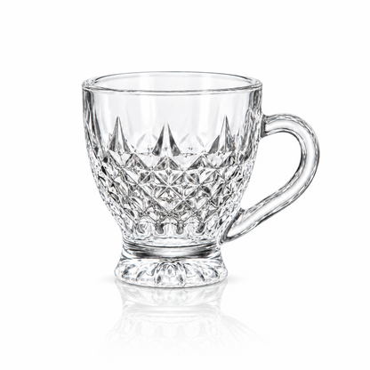 Set of 6 diamond-cut glass tea cups with handles on white marble