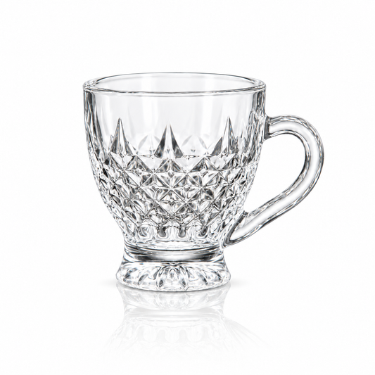 Set of 6 diamond-cut glass tea cups with handles on white marble