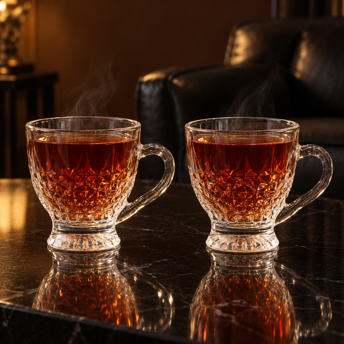 Two glass tea cups with hot tea in a living room