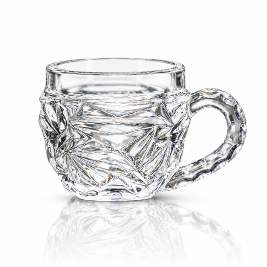 Set of 6 starburst-cut glass tea cups with handles on white marble