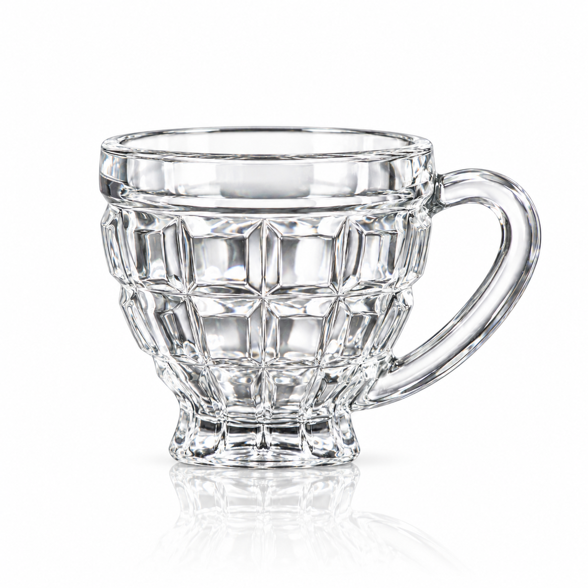 Set of 6 block-cut glass tea cups with handles on white marble