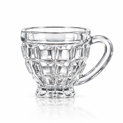 Set of 6 block-cut glass tea cups with handles on white marble