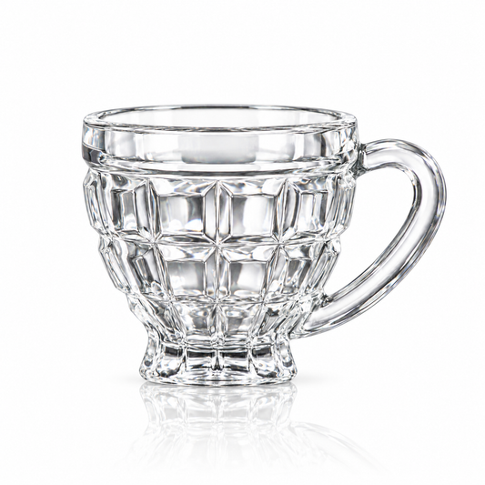 Set of 6 block-cut glass tea cups with handles on white marble