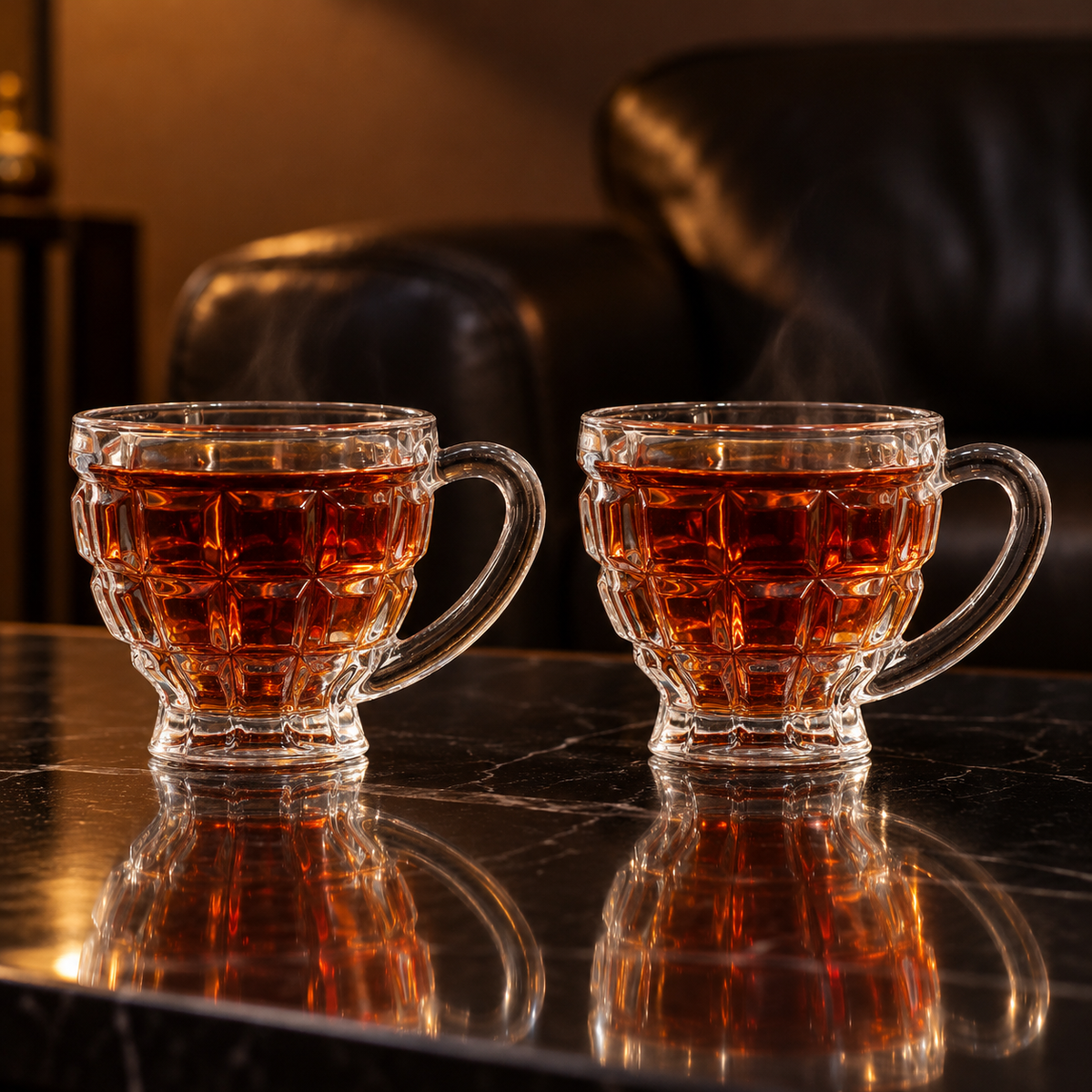 Two glass tea cups with hot tea in a living room