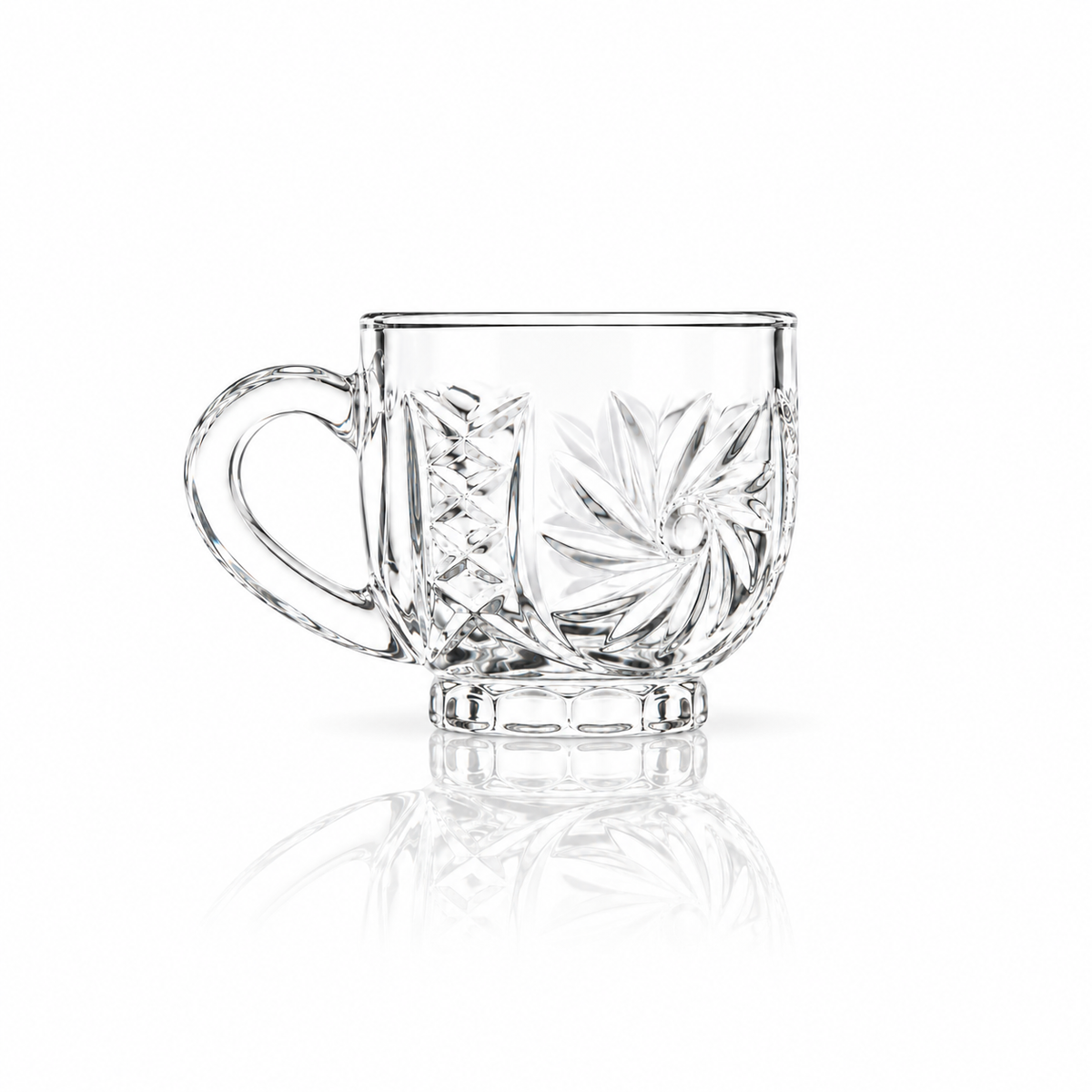 Set of 6 pinwheel-cut glass tea cups with handles on white marble
