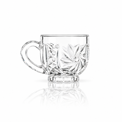 Set of 6 pinwheel-cut glass tea cups with handles on white marble
