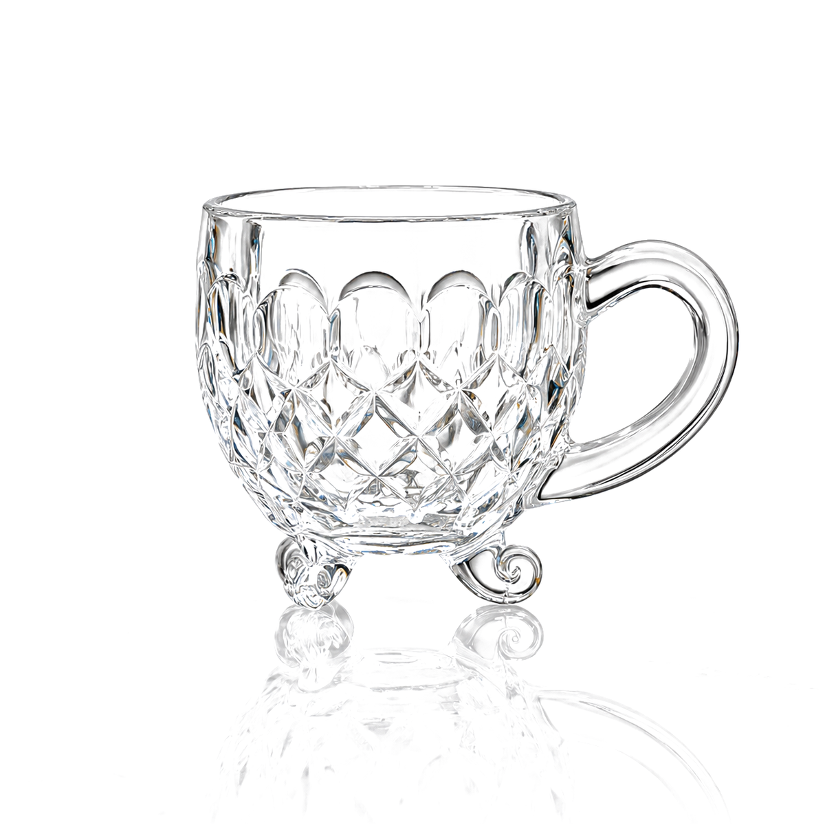 Set of 6 footed diamond-cut glass tea cups on white marble
