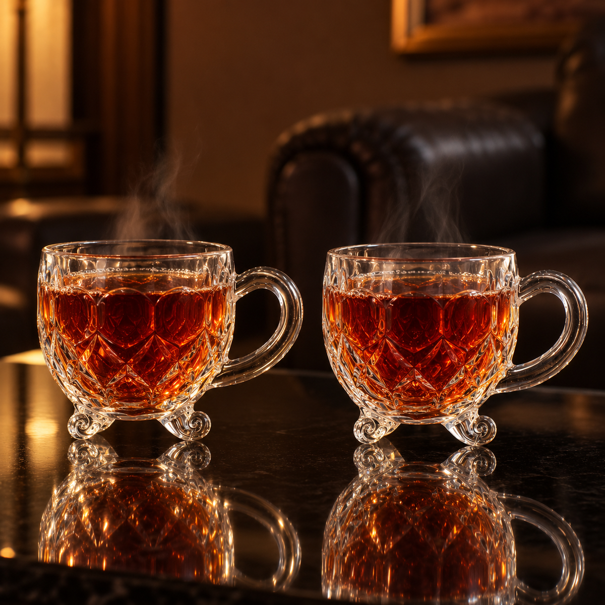 Two footed glass tea cups with hot tea in a living room