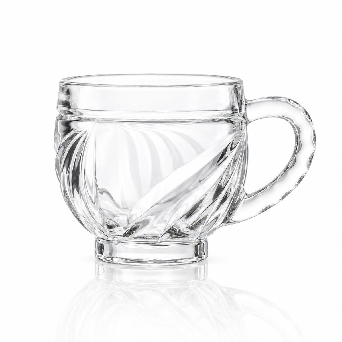 Set of 6 swirl-cut glass tea cups with handles on white marble