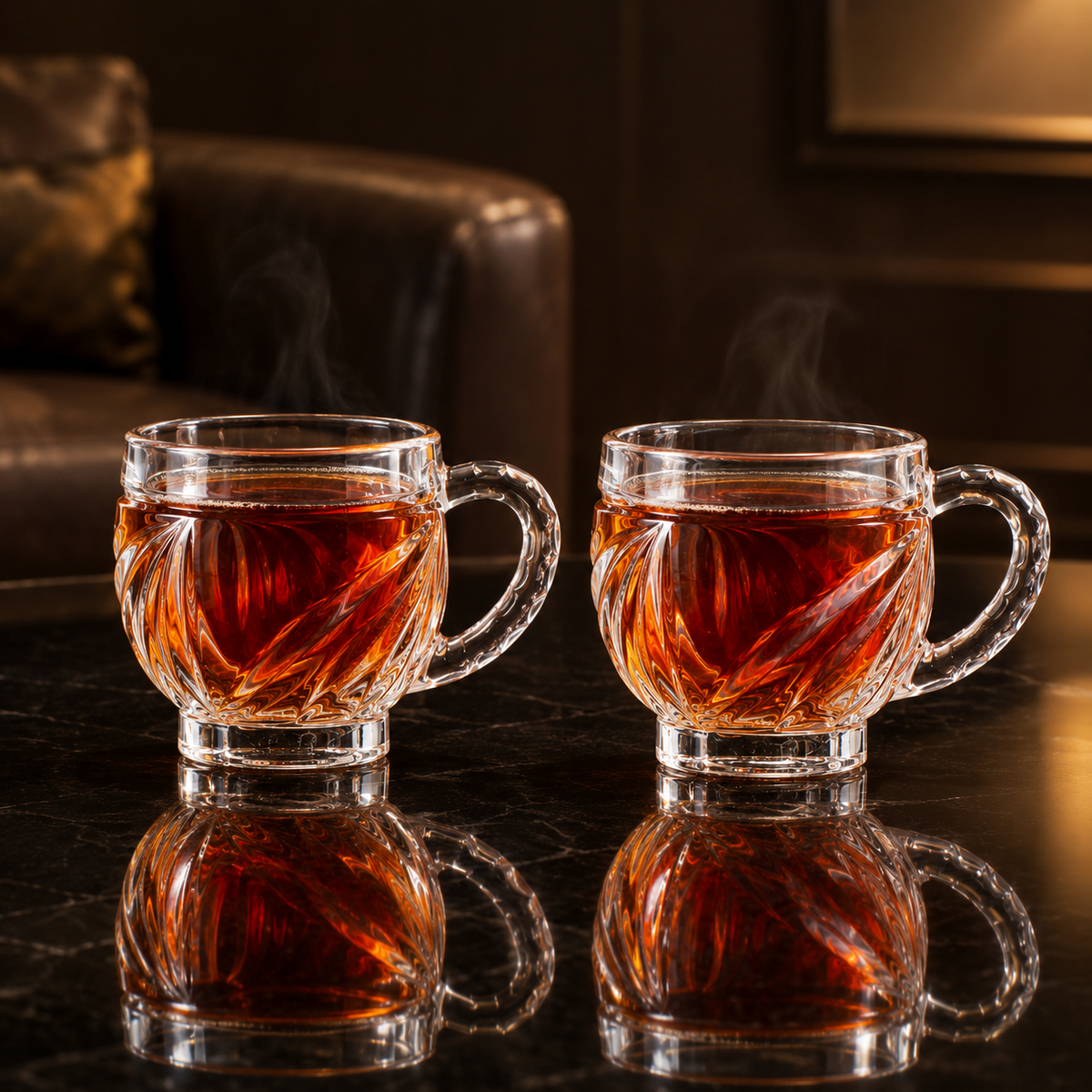 Two glass tea cups with hot tea in a living room
