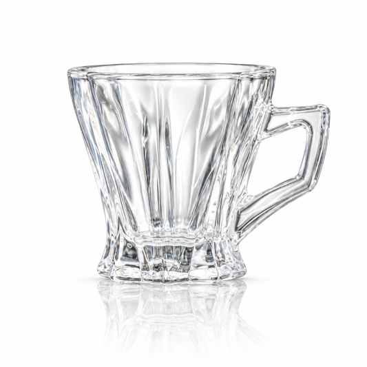 Set of 6 fluted glass tea cups with square handles on white marble