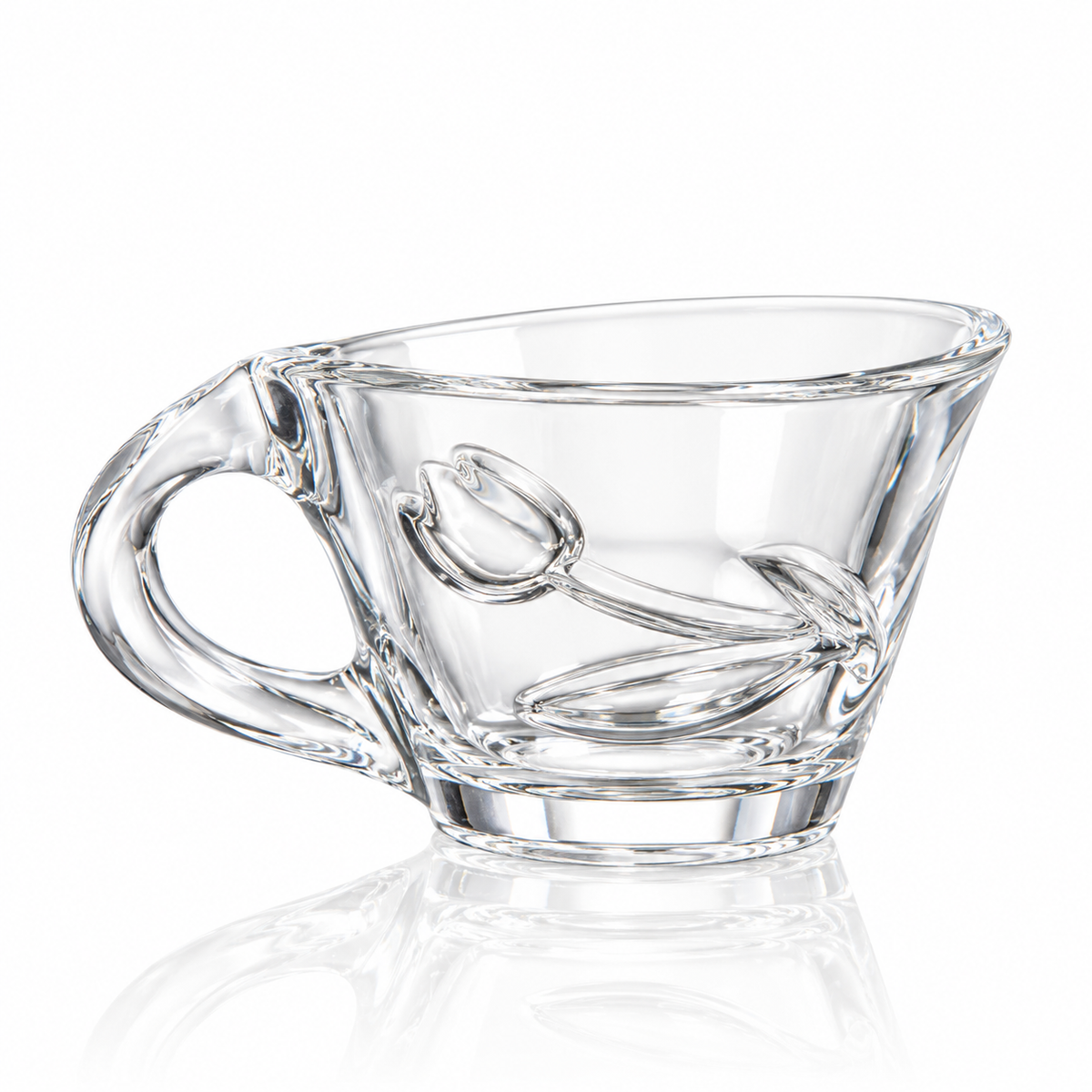 Set of 6 tulip glass tea cups with handles on white marble