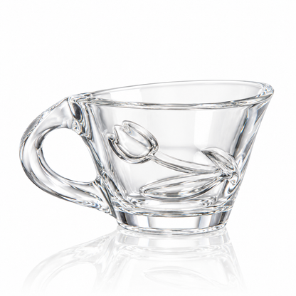 Set of 6 tulip glass tea cups with handles on white marble