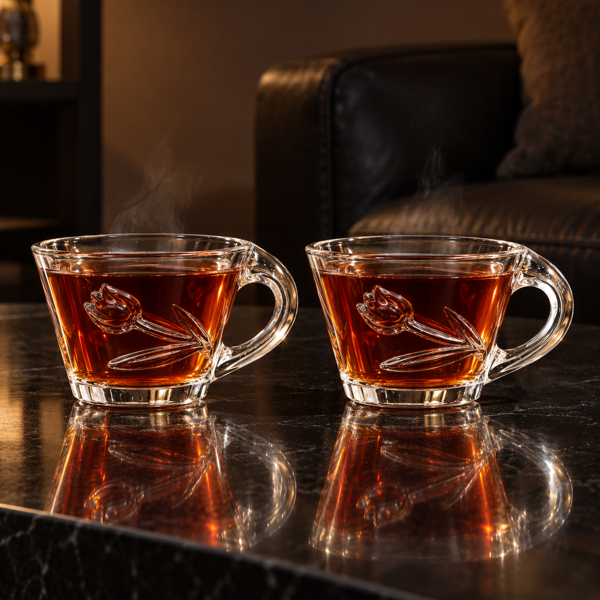 Two tulip glass tea cups with hot tea in a living room