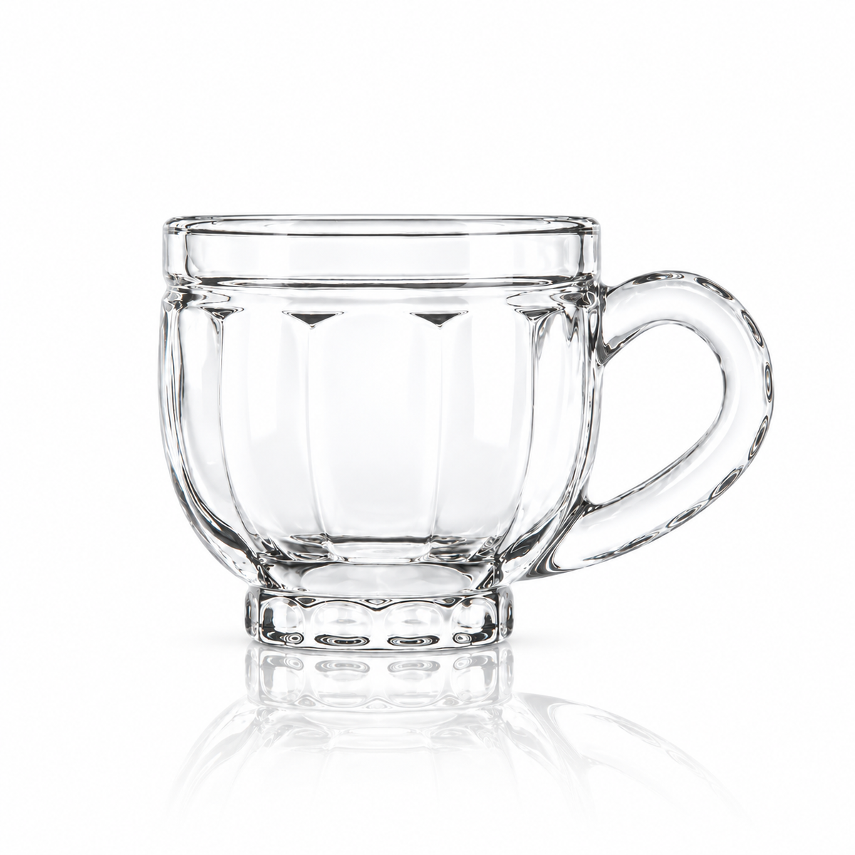 Set of 6 paneled glass tea cups with handles on white marble