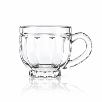 Set of 6 paneled glass tea cups with handles on white marble