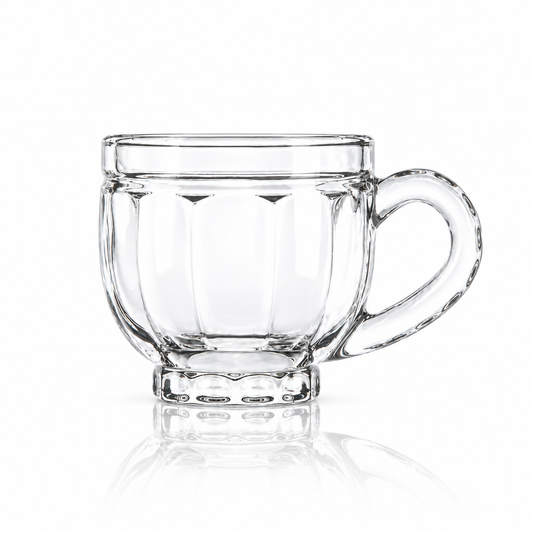 Set of 6 paneled glass tea cups with handles on white marble