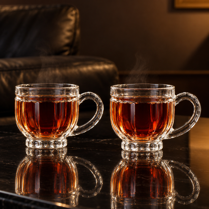 Two glass tea cups with hot tea in a living room